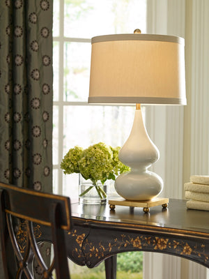 Wildwood Whitney Double-Gourd Table Lamp In Snow With Glossy Ivory Glaze, Antique Gold Accents, 28" H 22280