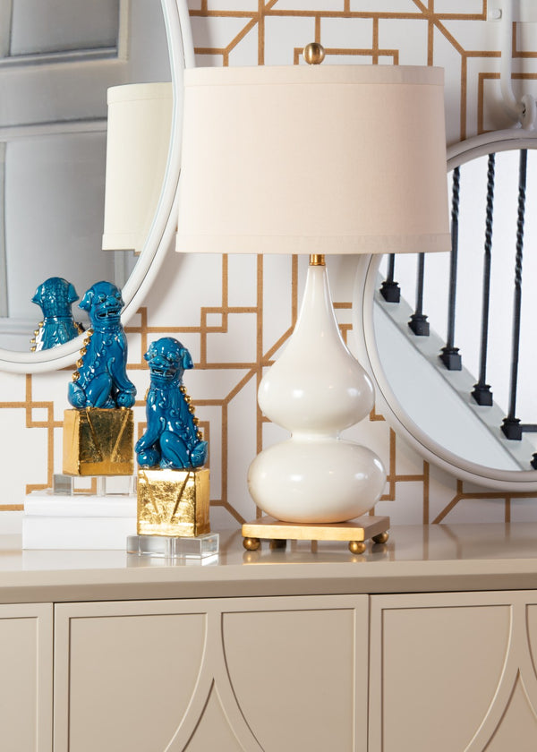 Wildwood Whitney Double-Gourd Table Lamp In Snow With Glossy Ivory Glaze, Antique Gold Accents, 28" H 22280