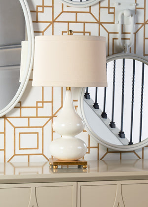 Wildwood Whitney Double-Gourd Table Lamp In Snow With Glossy Ivory Glaze, Antique Gold Accents, 28" H 22280