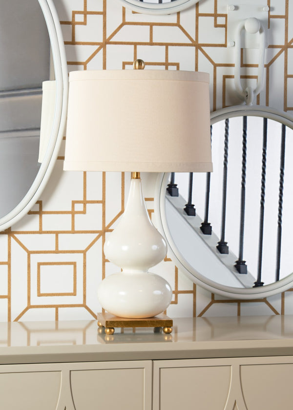 Wildwood Whitney Double-Gourd Table Lamp In Snow With Glossy Ivory Glaze, Antique Gold Accents, 28" H 22280