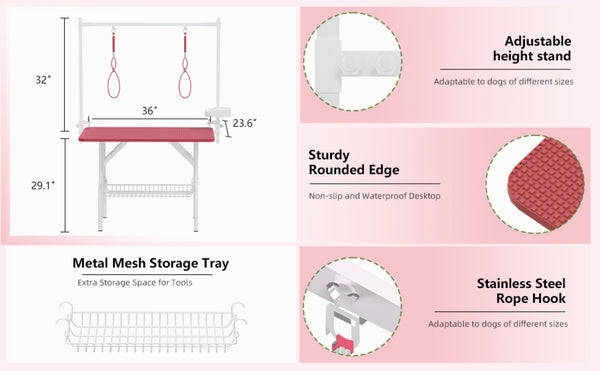 English Elm 36''large Folding Dog Grooming Table with Arm Noose Mesh Tray for Home Pet Care W3587P358715