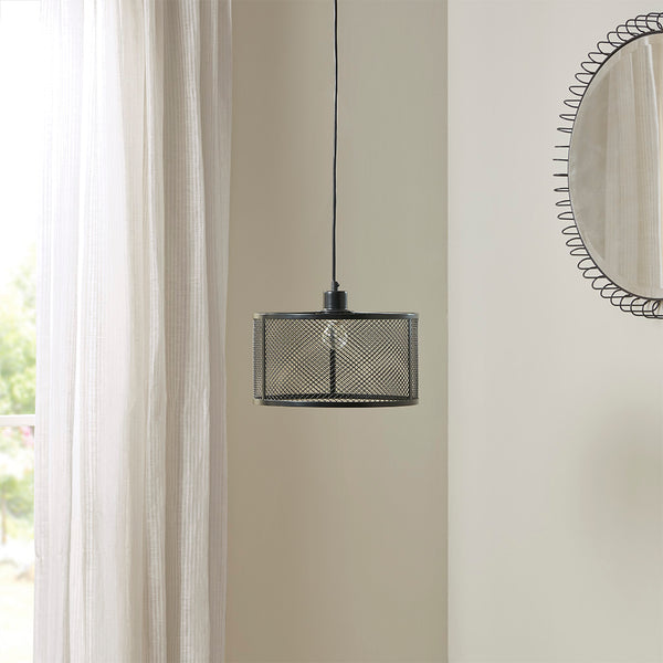 JLA Home INK+IVY - Metal Jaxson Mesh Pendant Light — Matte Black Industrial Caged Drum, Adjustable 76" Hanging Length II151-0115