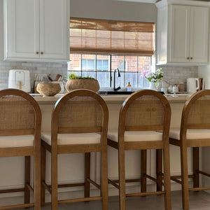 English Elm Upholstered Counter Stools Set of Two with Woven Rattan Back for Kitchen Island Brown B011P474548