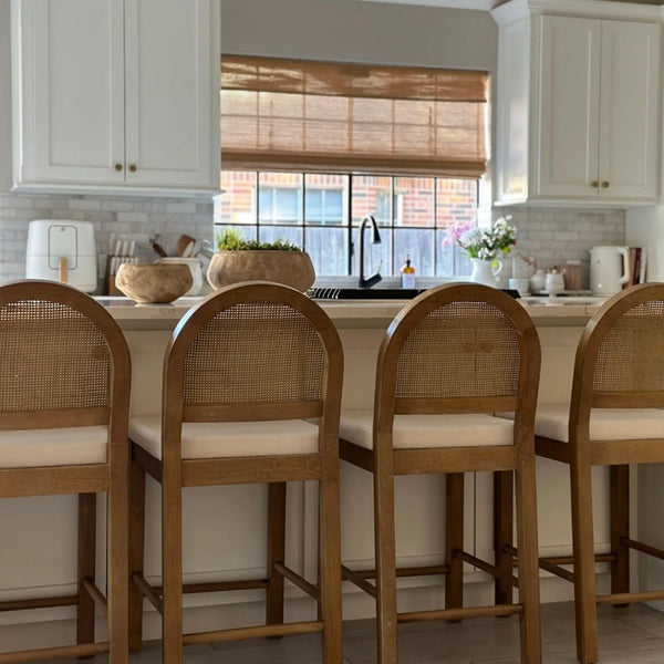 English Elm Upholstered Counter Stools Set of Two with Woven Rattan Back for Kitchen Island Brown B011P474548