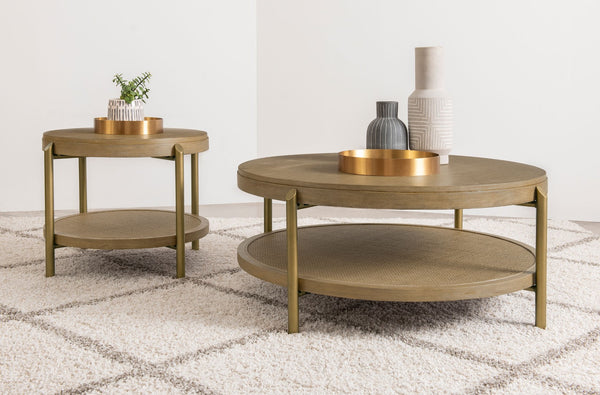 English Elm Round Two Tier Side Table with Rattan Shelf Aged Brass Legs for Living Room Sand B016P469322