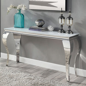 English Elm Glam Stainless Steel Coffee Table with Beveled Tempered Glass Top and Elegant Cabriole-Style Legs Silver,White 59 L x 21 W x 4 H B011S01178