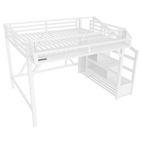 English Elm Full Xl Over Twin Triple Metal Bunk Bed with Storage Stairs and Shelves Black W1580S00414
