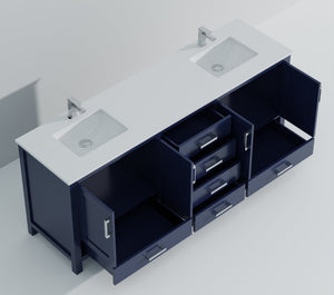 English Elm Navy Double Bath Vanity 80" W x 22" D with White Quartz Top, 2 Cabinets, 6 Drawers, Chrome Faucet B2731P259140