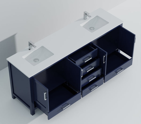 English Elm Navy Double Bath Vanity 80" W x 22" D with White Quartz Top, 2 Cabinets, 6 Drawers, Chrome Faucet B2731P259140