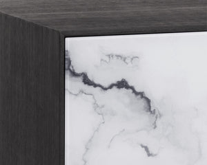 Sunpan Cordero Modern Nightstand with Marble-Effect Drawers, Antique Brass Legs - Stylish Acacia Design