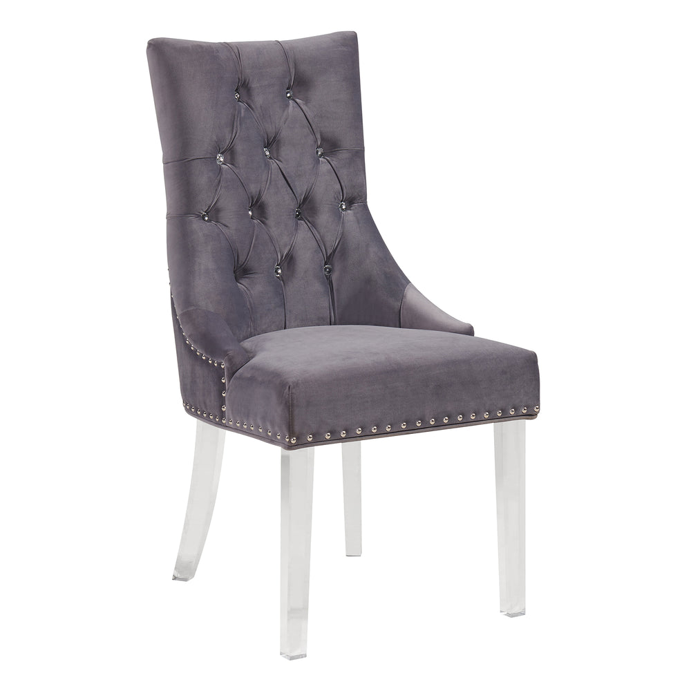 English Elm Wylor Tufted Gray Velvet Dining Chair with Acrylic Legs, Diamond Stitching, Nail Accents, Plush Comfort B2736P354308