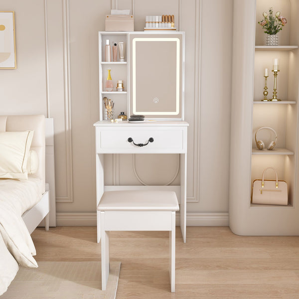 English Elm Modern Mini Dressing Table LED Vanity with Adjustable 3-Mode Brightness, Hidden Storage & Stool (White) W2699P296516