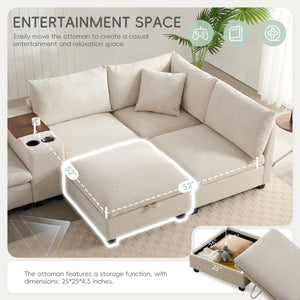 English Elm 139'' U-shaped Corduroy Sectional with Ottoman Console Usb Port and Cup Holders for Living Beige N723S1166A