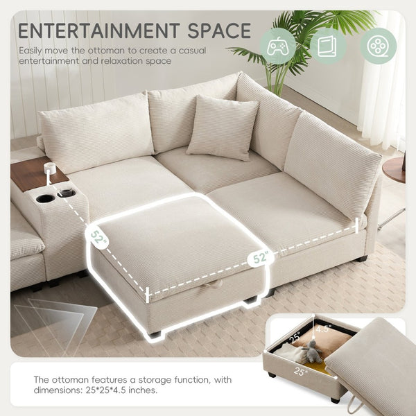 English Elm 139'' U-shaped Corduroy Sectional with Ottoman Console Usb Port and Cup Holders for Living Beige N723S1166A
