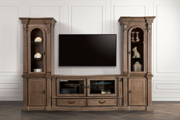 English Elm Traditional Weathered Oak Entertainment Console Hand Carved Dentil Crown Six Door Storage B2741S00759
