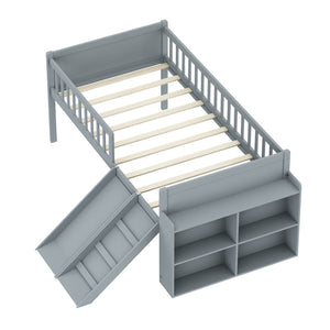 English Elm Twin Platform Kids Bed with Slide Ladder Guardrails Storage Shelf Wood Frame Gray N733S415411E