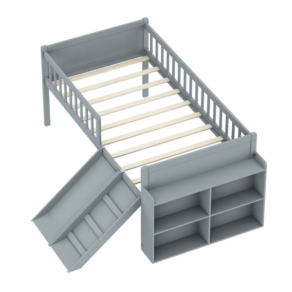 English Elm Twin Platform Kids Bed with Slide Ladder Guardrails Storage Shelf Wood Frame Gray N733S415411E