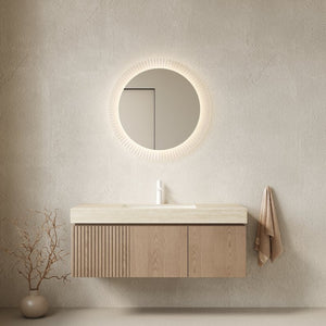English Elm Muri Floating Bathroom Vanity Plywood Cabinet Sintered Stone Top Woodgrain Finish W2615S00606