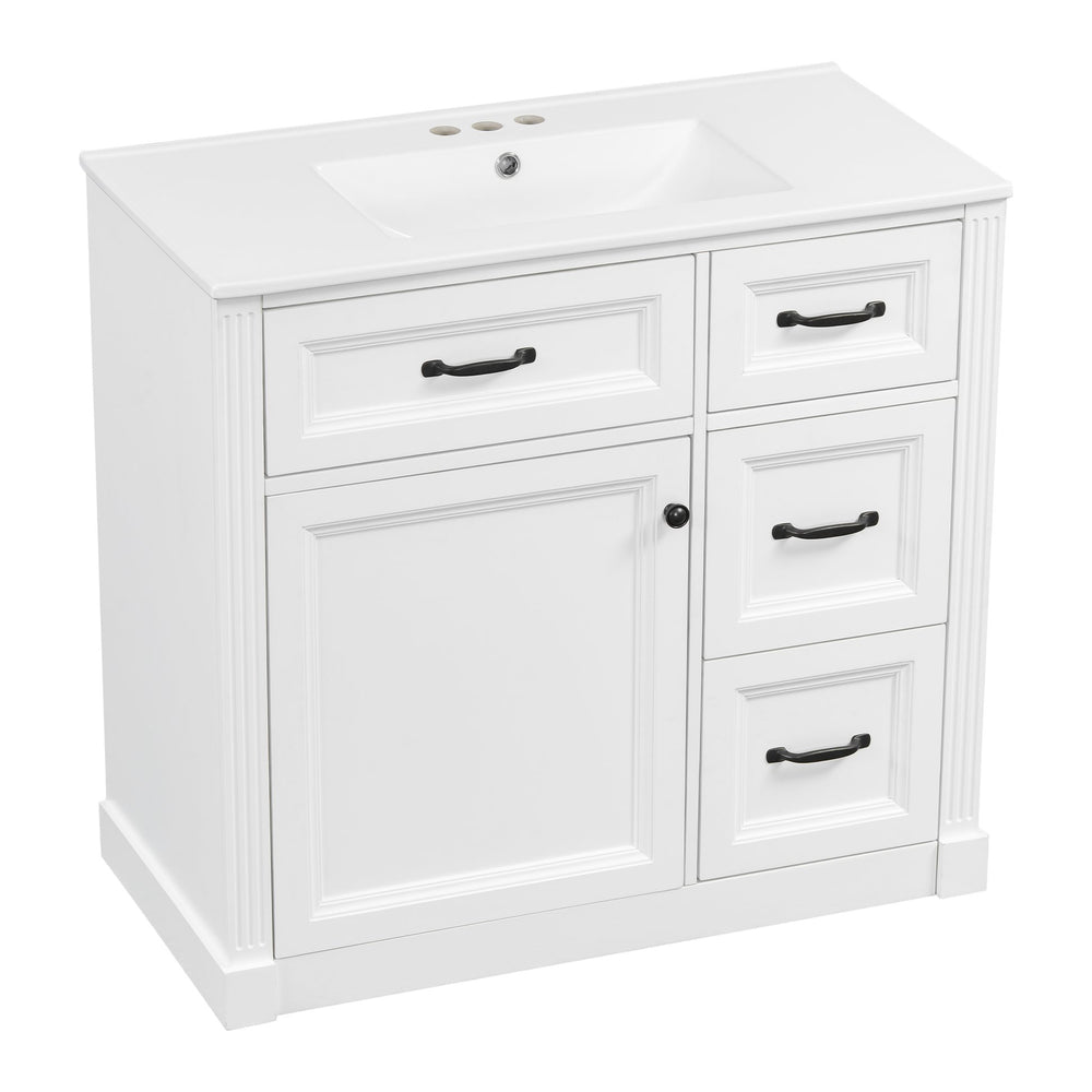 English Elm 36 Inch Bathroom Vanity With Sink – Modern Design, Soft-Close Drawers & Adjustable Storage Shelf, White Finish N725P336549K