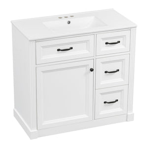 English Elm 36 Inch Bathroom Vanity With Sink – Modern Design, Soft-Close Drawers & Adjustable Storage Shelf, White Finish N725P336549K