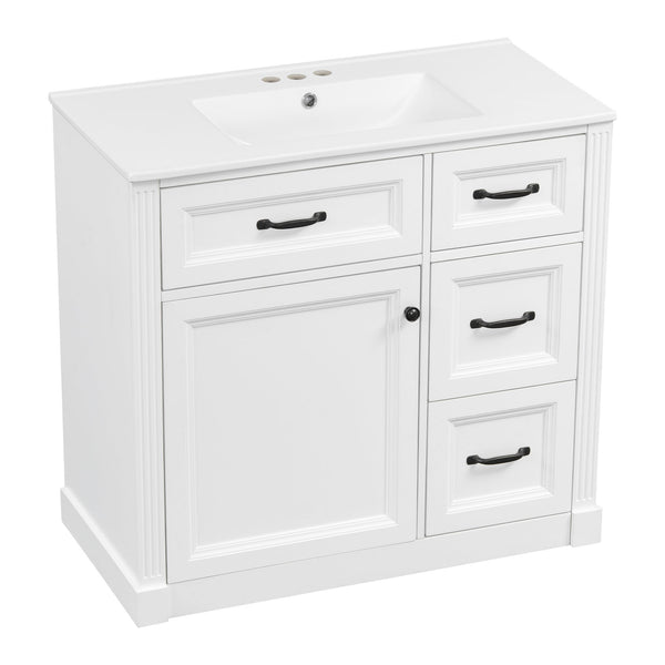English Elm 36 Inch Bathroom Vanity With Sink – Modern Design, Soft-Close Drawers & Adjustable Storage Shelf, White Finish N725P336549K