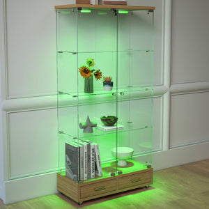 English Elm Modern Glass Display Cabinet With Led Lighting, 2 Drawers & 4 Shelves For Stylish Storage Solutions W241S00060