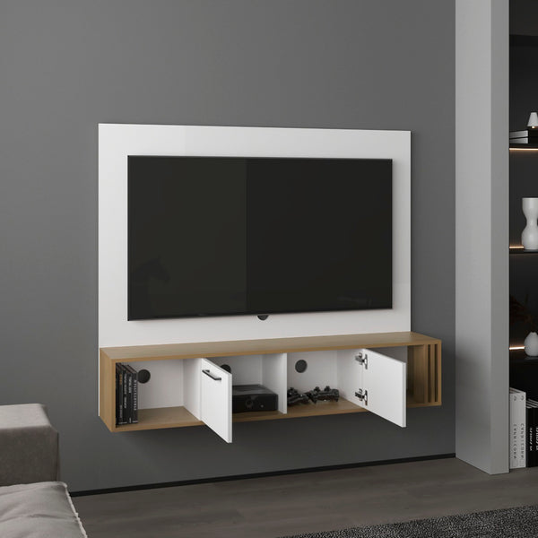 English Elm Vance 56" Floating Entertainment Center with Cabinets & Shelves, Natural Oak White, Cable Management.Storage-Friendly Modern TV Console B070P286465