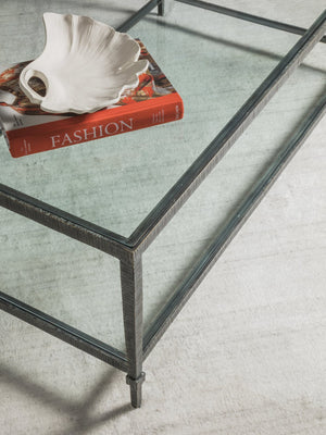Lexington Artistica Home Claret Hand-forged Rectangular Cocktail Table With Glass Top And Elegant Hammered Metal Base St. Laurent Wood 2233-945-44