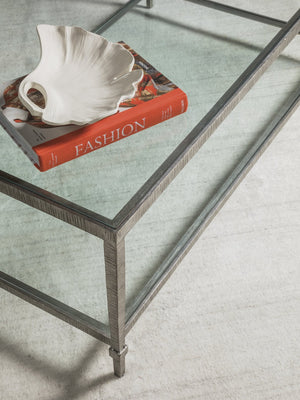 Lexington Artistica Home Claret Hand-forged Rectangular Cocktail Table With Glass Top And Elegant Hammered Metal Base Silver Leaf Wood 2233-945-47