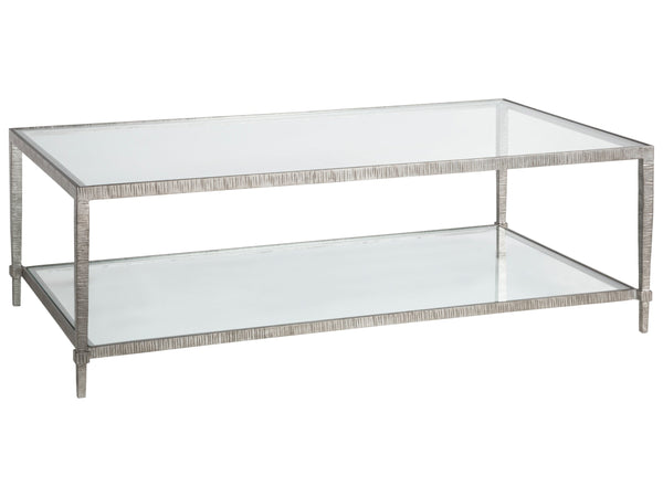 Lexington Artistica Home Claret Hand-forged Rectangular Cocktail Table With Glass Top And Elegant Hammered Metal Base Silver Leaf Wood 2233-945-47