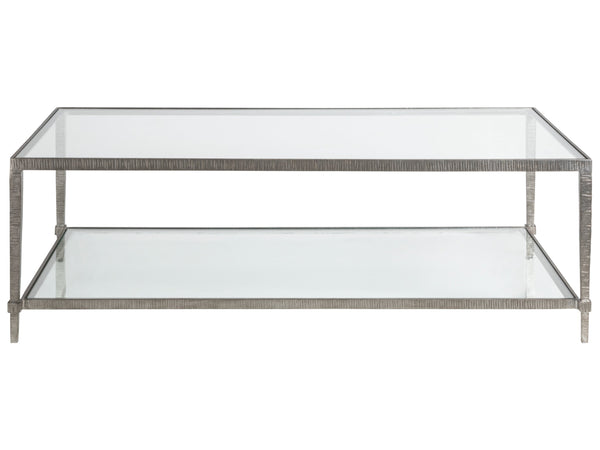 Lexington Artistica Home Claret Hand-forged Rectangular Cocktail Table With Glass Top And Elegant Hammered Metal Base Silver Leaf Wood 2233-945-47