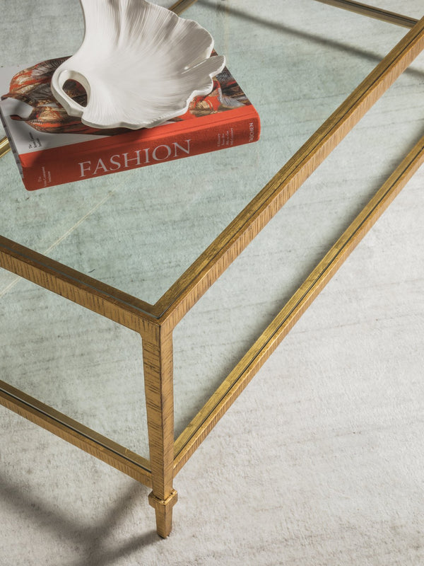 Lexington Artistica Home Claret Hand-forged Rectangular Cocktail Table With Glass Top And Elegant Hammered Metal Base Gold Leaf Wood 2233-945-48