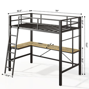 English Elm Twin Metal Loft Bed with L-Shaped Desk & USB Charging Station, Anti-Tip Guardrails, Sturdy Frame W2889P205074