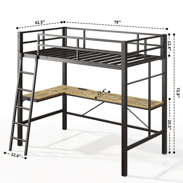 English Elm Twin Metal Loft Bed with L-Shaped Desk & USB Charging Station, Anti-Tip Guardrails, Sturdy Frame W2889P205074