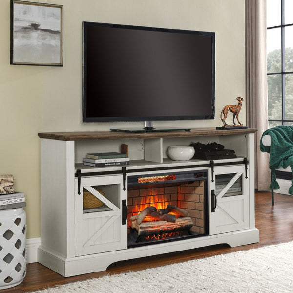 English Elm 60 Inch Farmhouse Electric Fireplace Tv Stand with Led Flame and Cabinet Storage W1769S00004