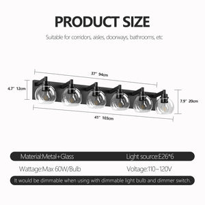 English Elm Farmhouse 6-Light Vanity LED Wall Sconce in Brushed Black with Glass Shades — Modern Rustic Bath Light 40.6" W1340P353042