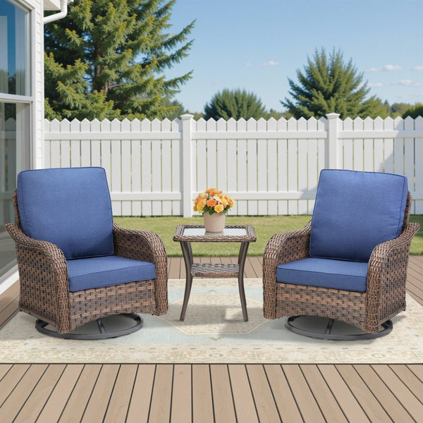 English Elm 3 Piece Outdoor Bistro Set Swivel Rocker Chairs Pe Rattan Wicker Patio Side Table Blue T3773P417375