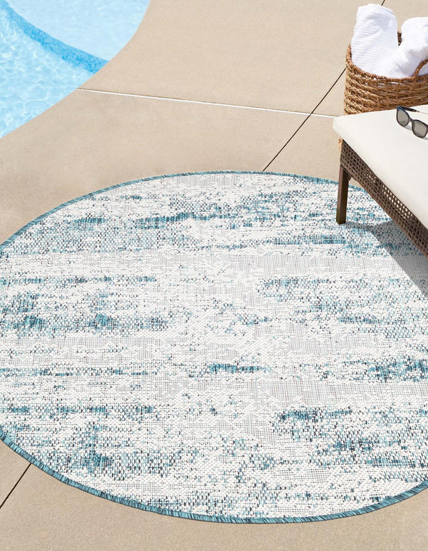 Unique Loom Outdoor Modern Cartago Machine Made Abstract Rug Teal, Ivory 10' 0" x 10' 0"