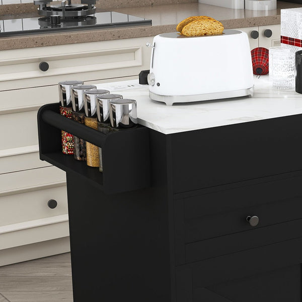 English Elm 74.8" Rolling Kitchen Island Extendable Marble Veneer Top with Power Outlet and Storage W2700S00106