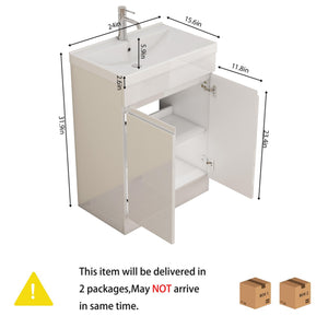 English Elm 24-Inch Bathroom Vanity With Integrated Sink & Mirror, Modern Handle-Free Design, Soft-Close Doors & Storage W3151S00057