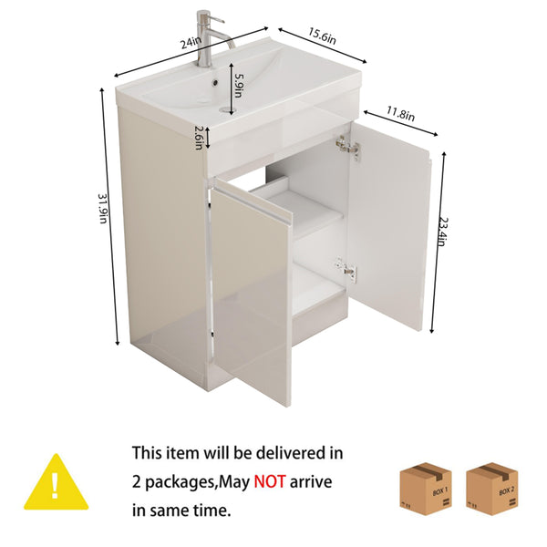 English Elm 24-Inch Bathroom Vanity With Integrated Sink & Mirror, Modern Handle-Free Design, Soft-Close Doors & Storage W3151S00057