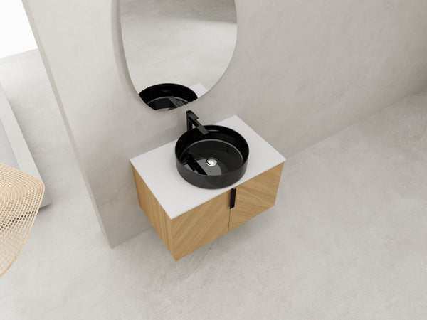 English Elm 30" Bathroom Vanity With Wall-Mounted Design, Ceramic Vessel Sink & Soft-Close Doors For Modern Homes W999S00447