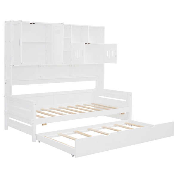 English Elm Twin Size Daybed With Trundle & Integrated Storage Shelf - Modern White Design For Kids & Teens N820S00026K-GIGA