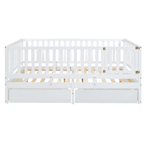 English Elm Full Size Pinewood Kids Daybed with Fence Rails Split Floor Bed and Storage Drawers White LP100882AAK