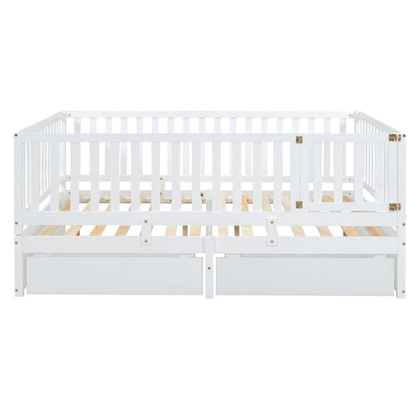 English Elm Full Size Pinewood Kids Daybed with Fence Rails Split Floor Bed and Storage Drawers White LP100882AAK