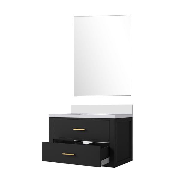English Elm Black Single Bath Vanity With White Quartz Countertop & Frameless Mirror - Modern, Compact Design B2731S01429