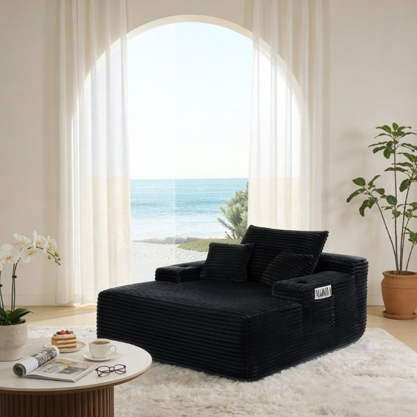 English Elm New Convertible Corduroy Chaise Lounge Sleeper with Cup Holder and Throw Pillows W3975P479027