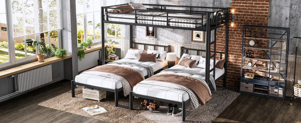 English Elm Twin Triple Bunk Bed Metal L-shaped Frame Sleeps Three Kids White Finish Black W1580S00615