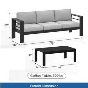 English Elm 2 Piece Outdoor Iron Patio Sofa Set with Thick Cushions and Wood Grain Coffee Table Black+ Gray B082P455117