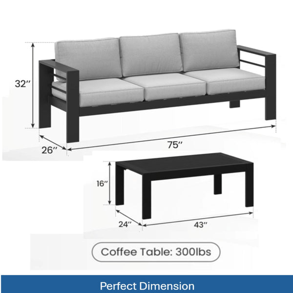 English Elm 2 Piece Outdoor Iron Patio Sofa Set with Thick Cushions and Wood Grain Coffee Table Black+ Gray B082P455117